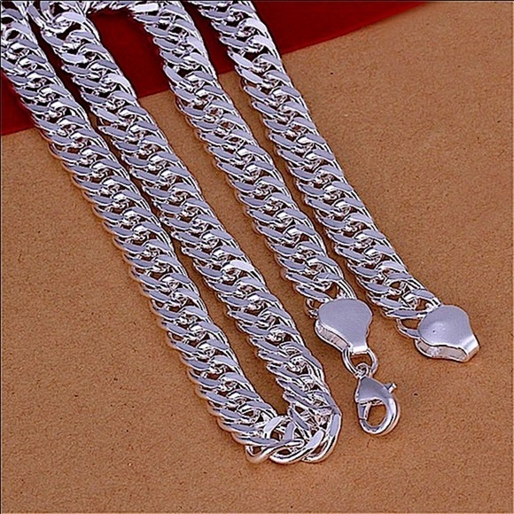Sterling Silver 10mm Chain Link Necklace Bracelet Matching Set - Picture 4 of 7